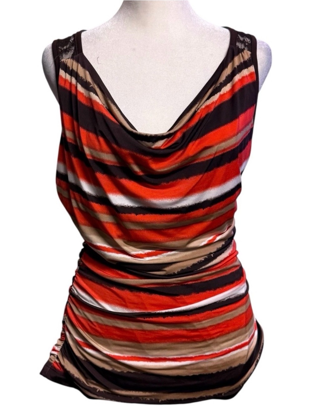 Y2K Sleeveless Drape Lace Detail Orange Brown Top Size L F1